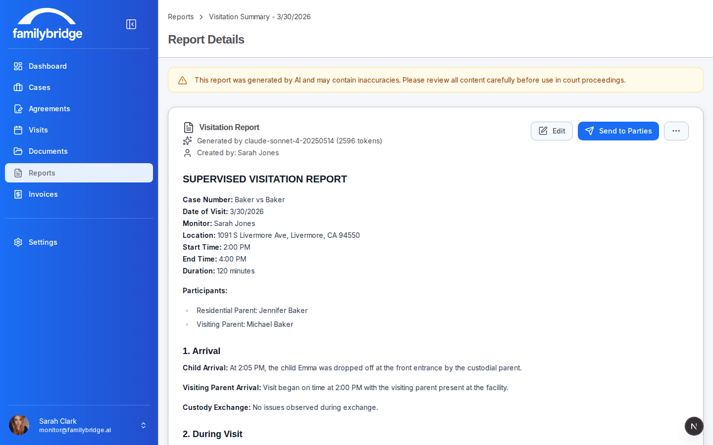 An AI-drafted supervised visitation report open for review, with editable content and a Finalize for Court action.